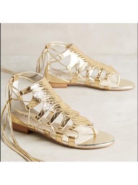 Anthropologie Billy Ella Embossed Metallic Gold Lace-Up Gladiator Sandals